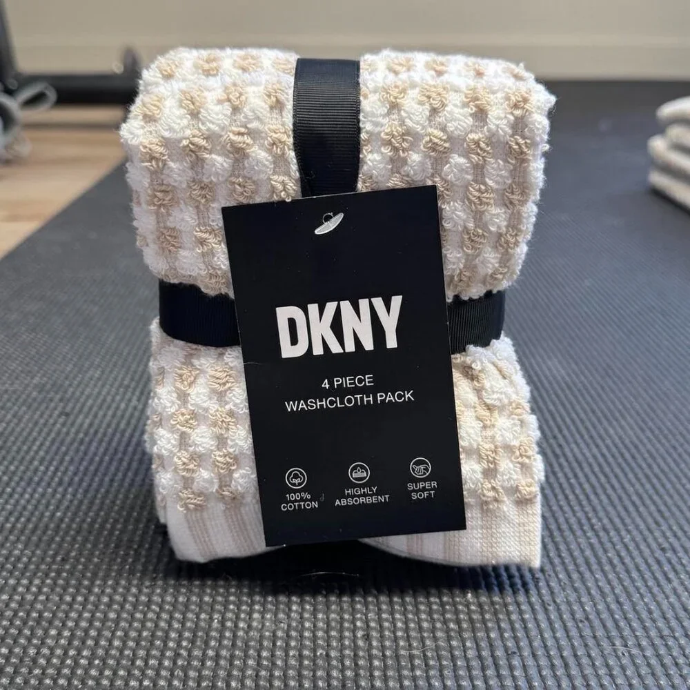 4 Pc. DKNY Monet Tile Beige White Washcloths Squares Dots Stripes Towels Gingham